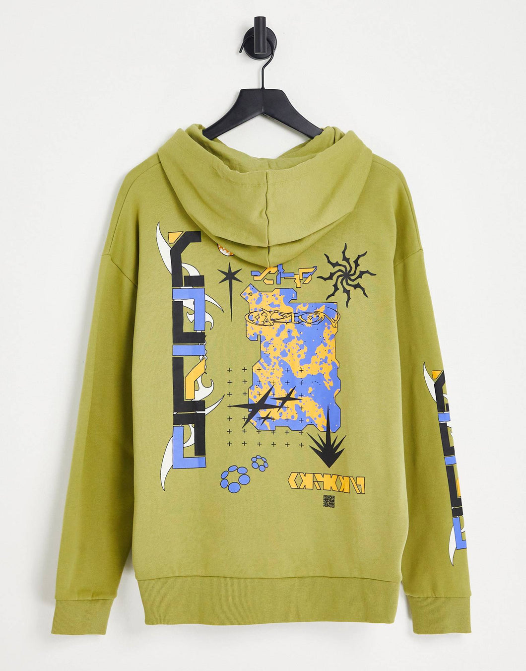 Men's Oversized Hoodie In Green With Mystical Back And Sleeve Print